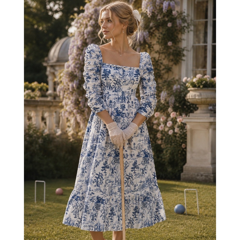 O.P.T Blue White Toile Midi Dress Ruched Sleeve Square Neck Smocked Back XS